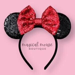 Classic Sequin Minnie Ears – Black & Red Disney-Inspired Mouse Ears Headband